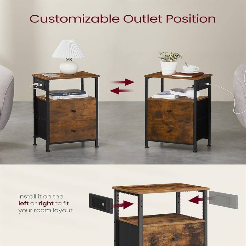 Nightstand with Charging Station Night Stand Side Table with 2 Drawers and 1 Open Shelf