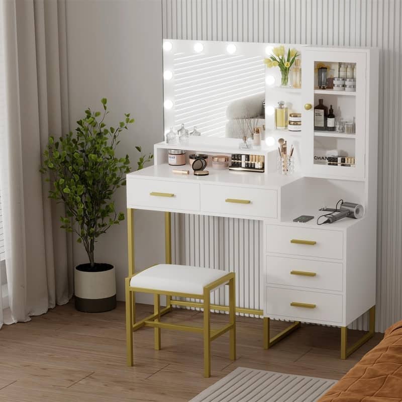 Vanity Desk with Mirror & LED Lights, Charging Station, 5 Drawers, Shelves & Stool - White
