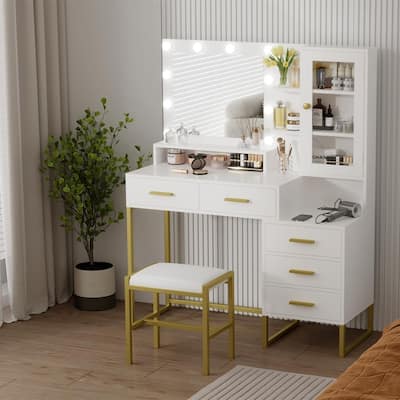 Vanity Desk with Mirror & LED Lights, Charging Station, 5 Drawers, Shelves & Stool