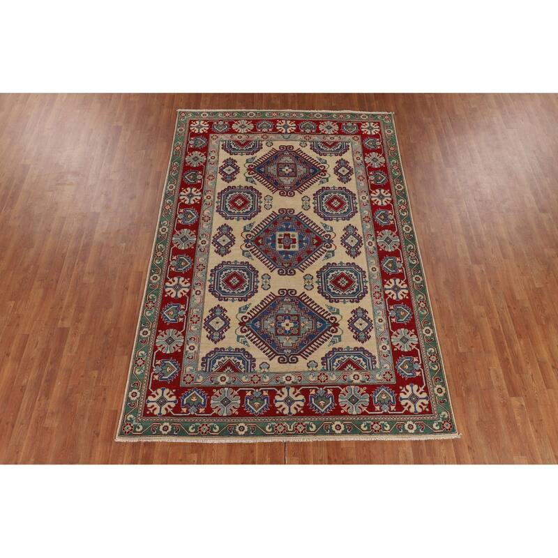 Geometric Kazak Oriental Area Rug Hand-Knotted Dining Room Wool Carpet - 6'7" x 9'9"