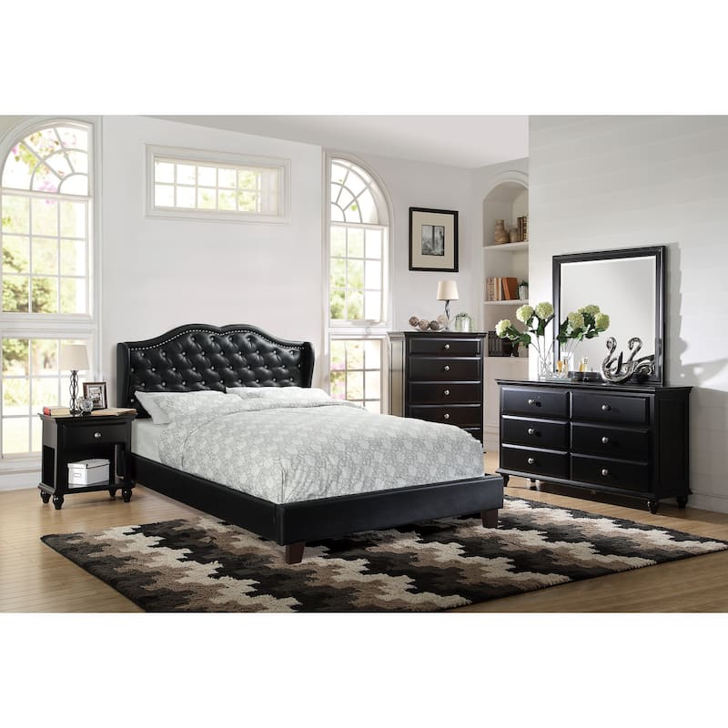 Queen Size Bed 1pc Bed Set Black Faux Leather Upholstered Wingback Design Bed Frame Headboard Bedroom Furniture