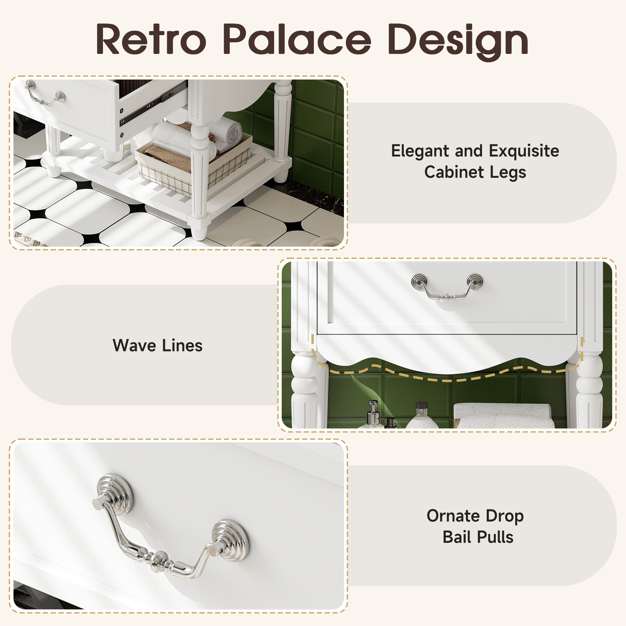 24" Bathroom Vanity with Ceramic Sink, Vintage Wave Design Cabinet with 2 Drawers and Open Shelf