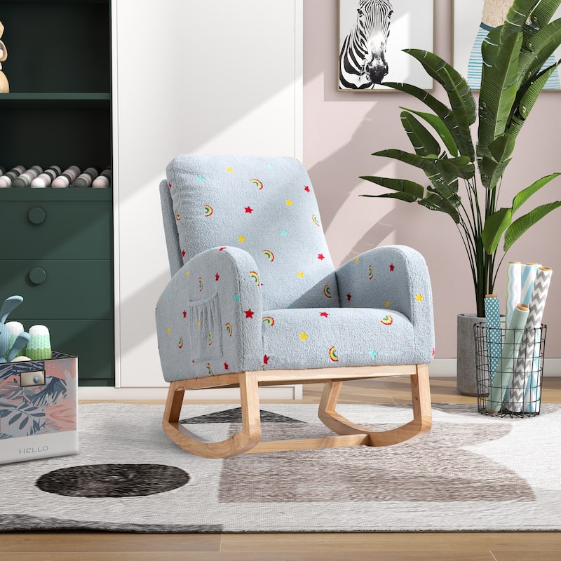 Upholstered High Back Wooden Rocking Chair for Living Room Baby Kids Room Bedroom, Pink Boucle