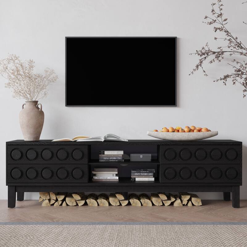 Modern Mid-Century TV Stand, for TVs Up to 75" with 4 Drawers and Cable Management, for Living Room and Office, Black