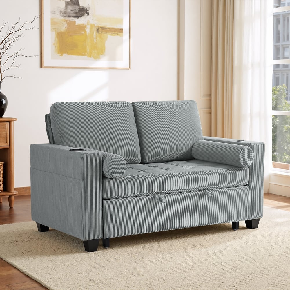 Corduroy Convertible Loveseat Sofa Bed Recliner with Cup Holder, USB Ports & Storage