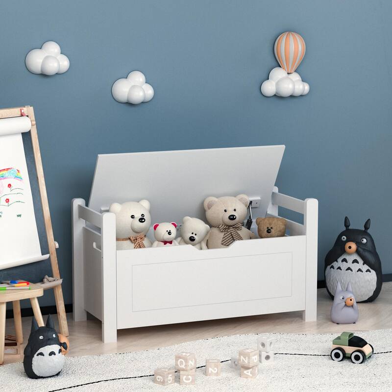 Kids Toy Box Chest,Rubber Wood Toy Box,Cabinet with Cushion Seat Bench/Flip-Top Lid/Safety Hinge,Toy Storage Organizer Trunk
