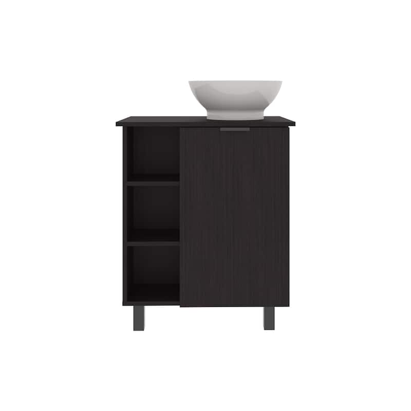 Vessel Sink Vanity With One Door Storage And Open Shelves,Freestanding Bathroom Cabinet,Black