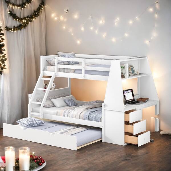 slide 2 of 17, Twin over Full Bunk Bed with Trundle and Desk & 3 Drawers, White White