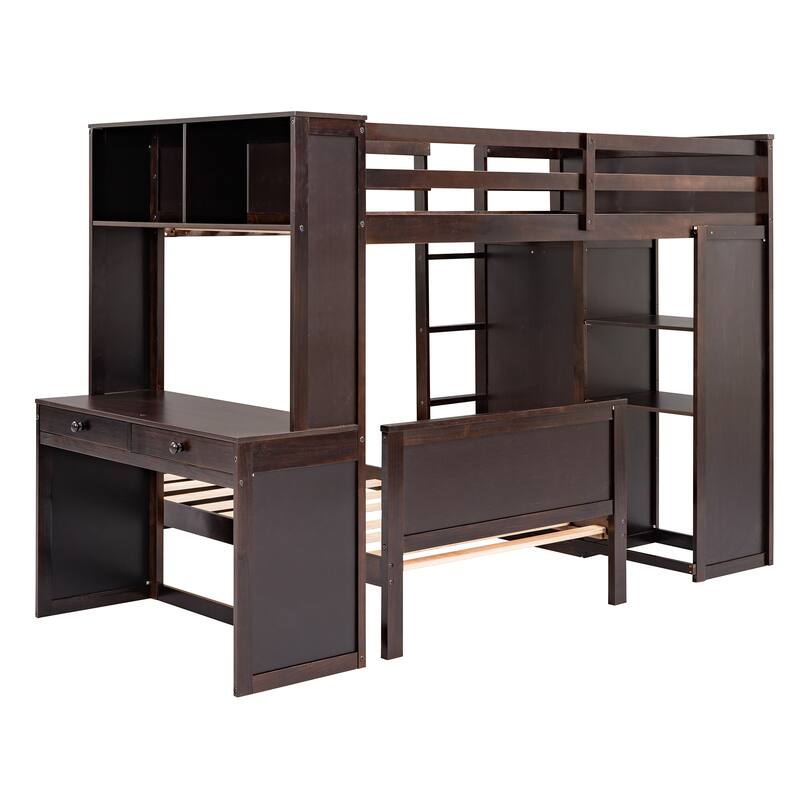 Loft Bed with a Stand-alone bed, Shelves, Desk and Wardrobe