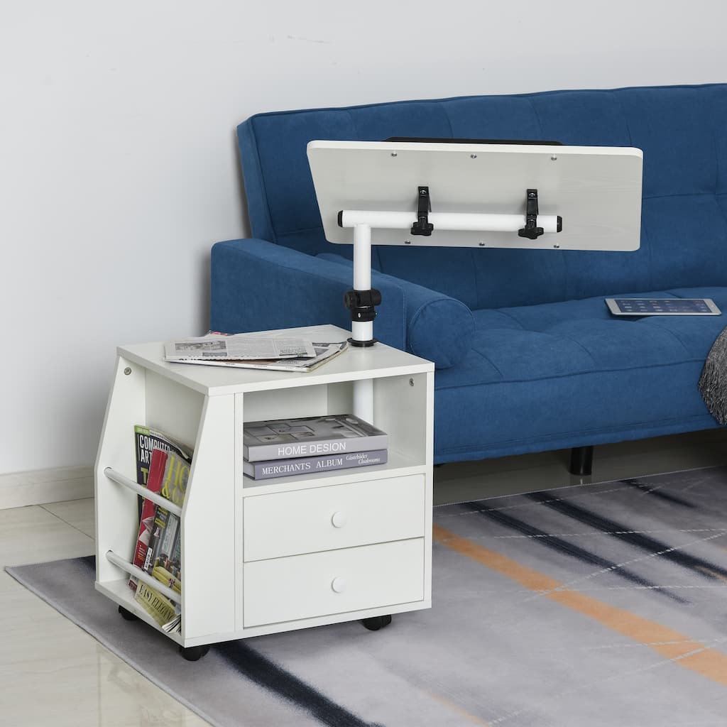 HOMCOM Modern End/Side Table for the Living Room or Bedroom with a 360-deg Adjustable Height Tabletop & 2 Storage Drawers