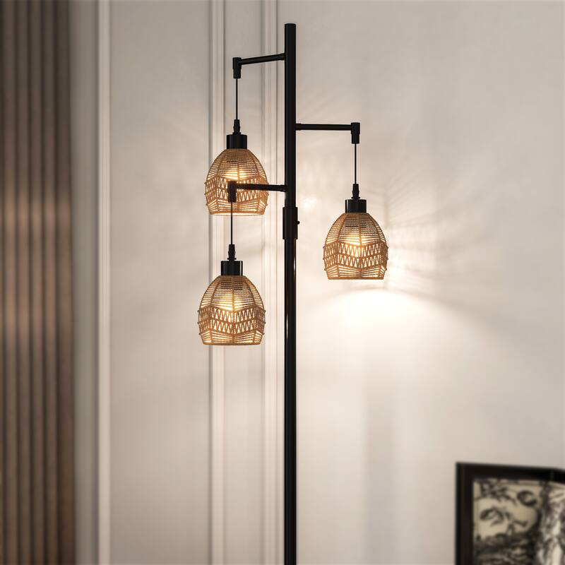 3-Light Woven Rattan Globe Tree Tall Floor Lamp