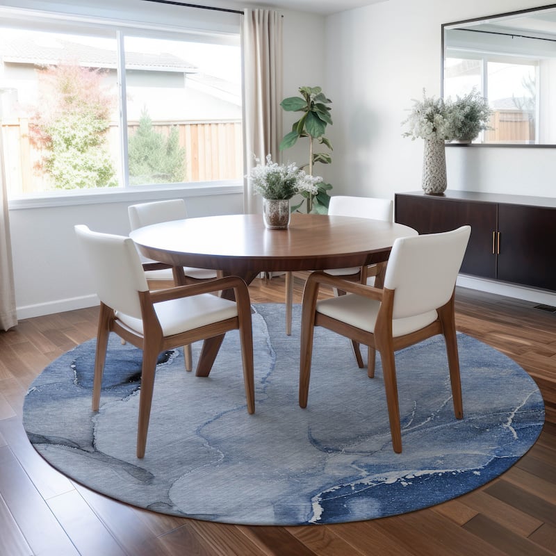 Machine Washable Indoor/ Outdoor Abstract Chantille Rug - Blue - 8' x 8'