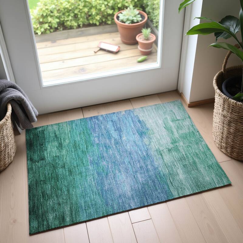 Premium Washable Super Soft Ombre Brushstrokes Mayfield Rug - Teal - 1'8" x 2'6"