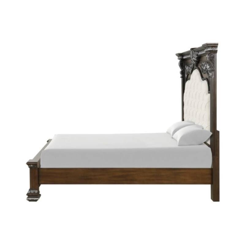 Naddy King Bed, White Fabric Pleated Upholstery, Espresso Brown Wood