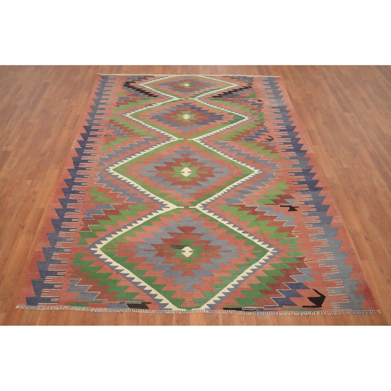 Hand Woven Oriental 100% Wool Carpet Southwestern Tribal Coral Kilim Area Rug - 7' 8'' X 6' 1''