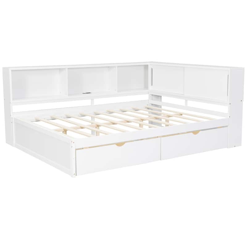 Queen Size Wood Daybed with LED Storage Shelves, USB Ports, and 2 Drawers by Harper&Bright Designs