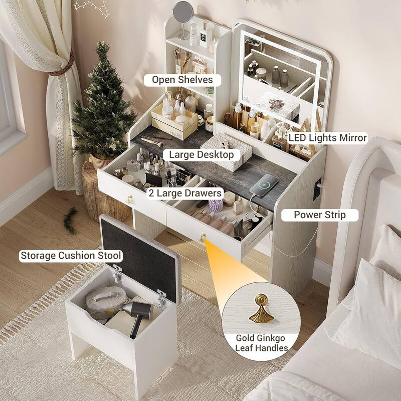 2 Drawers Makeup Vanity Table with LED Light Mirror and Charging Station