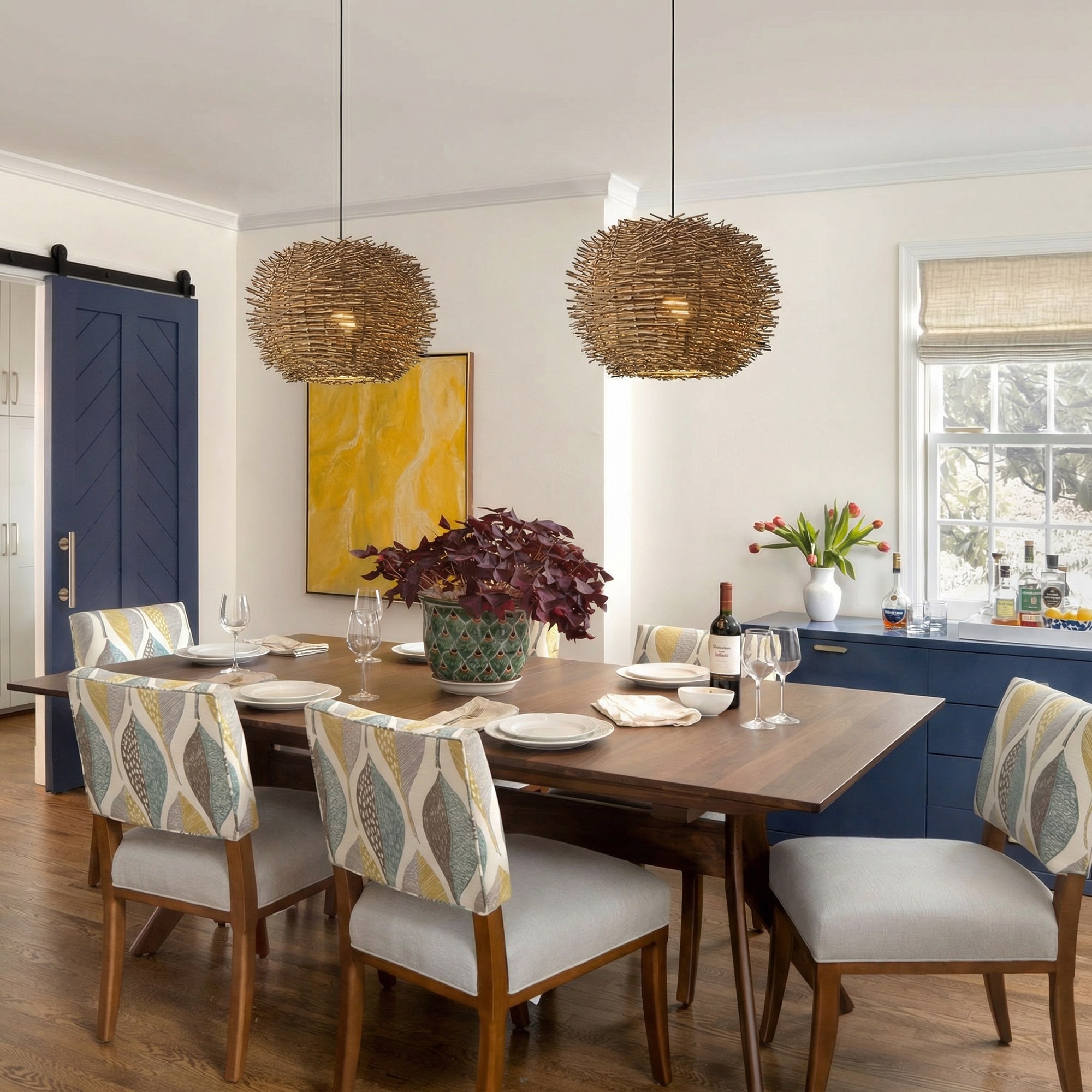 1-Light Modernism Nest Design Brown Hand-Woven Rattan Hanging Pendant Light - 20.47" W x 15.94" H