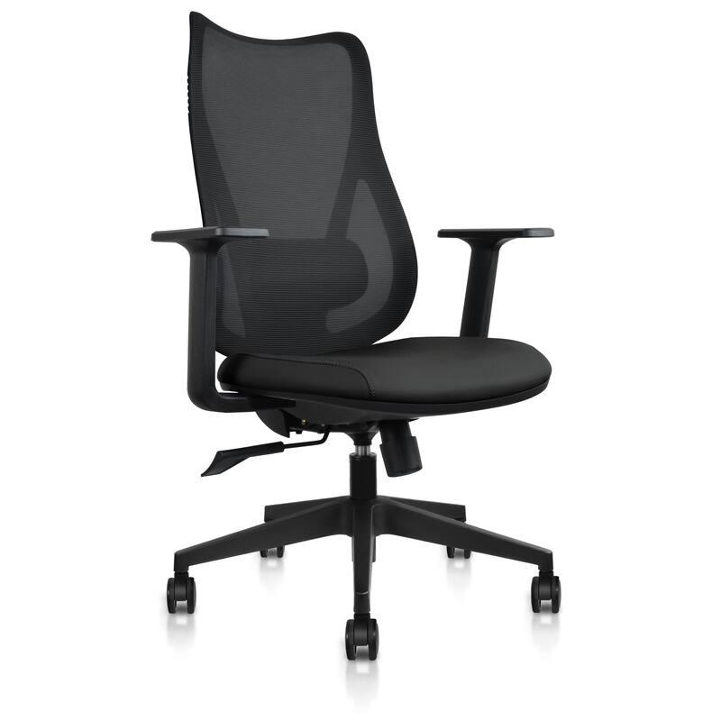 Ergonomic Office Desk Chair | High Back Mesh with Upholstered PU Leather Cushion Seat | Reclining Tilt Adjustable Lumbar Support - Black