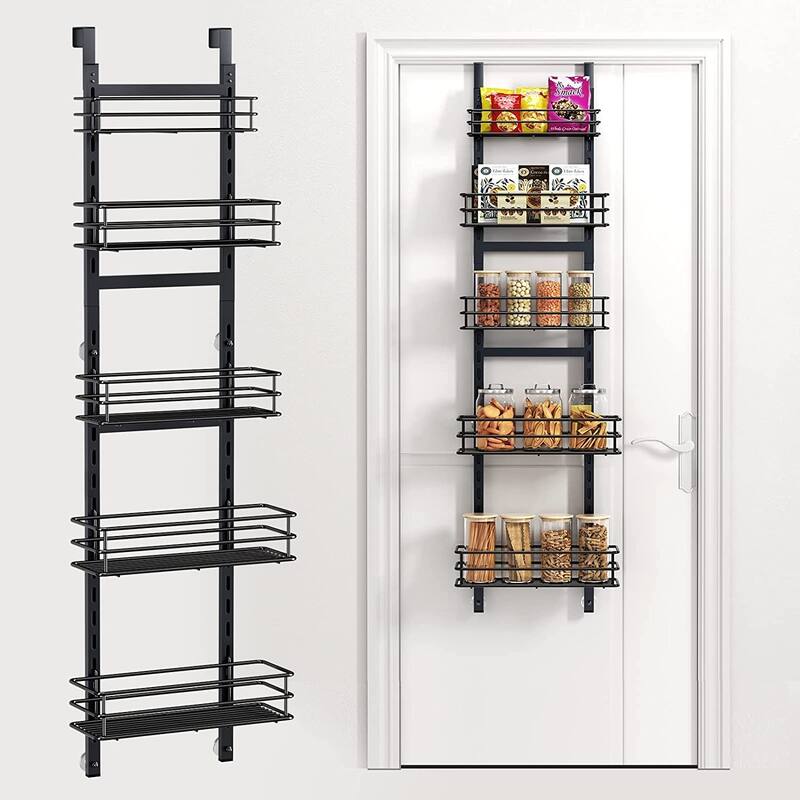 Adjustable 5-Tier Over the Door Pantry Organizer, Spice Rack, Narrow Hanging Shelf for Kitchen Storage and Organization - Black