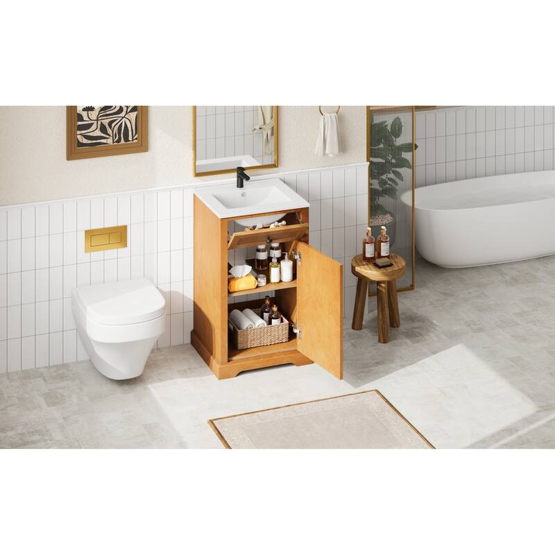 Roomfitters 20 Inch Bathroom Vanity with Integrated Ceramic Sink, Solid Wood Frame Storage Cabinet for Small Rooms, Natural Wood