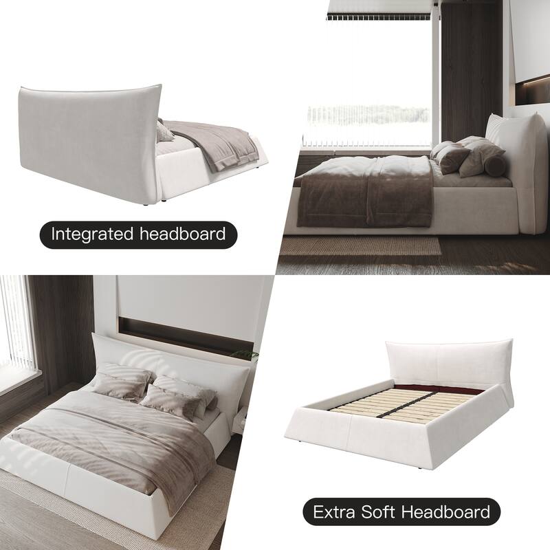 Luxury Upholstered Platform Bed with Velvet Headboard, Modern Queen Size Bed Frame with Metal & Solid Wood Frame for Adult