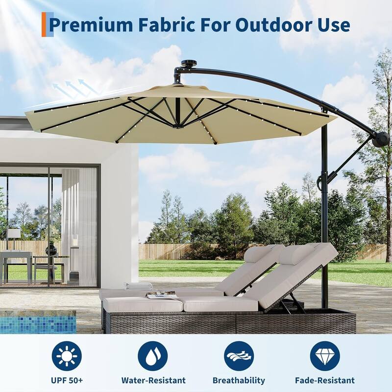 10ft Solar Lights Offset Patio Umbrella, Cantilever Umbrella with Easy Lift & Tilt Adjustment, 8 Ribs Sun Umbrella UV