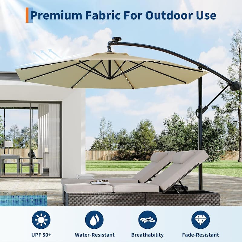 10ft Solar Lights Patio Umbrella, Cantilever Umbrella with Easy Lift and Tilt Adjustment