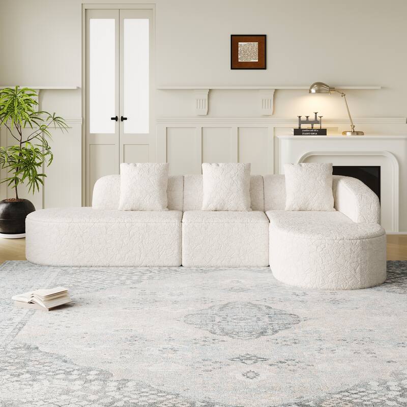 Curved Modular Sofa with Chaise Lounge, Full Compression Upholstered Boneless Sofa, Corner 3 Seater Sofa with 3 Pillows