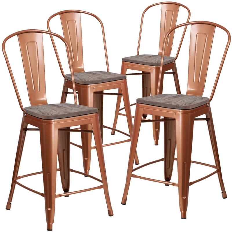 4 Pk. 24" High Metal Counter Height Stool with Back and Wood Seat - 17.75"W x 22"D x 40.25"H - 17.75"W x 22"D x 40.25"H