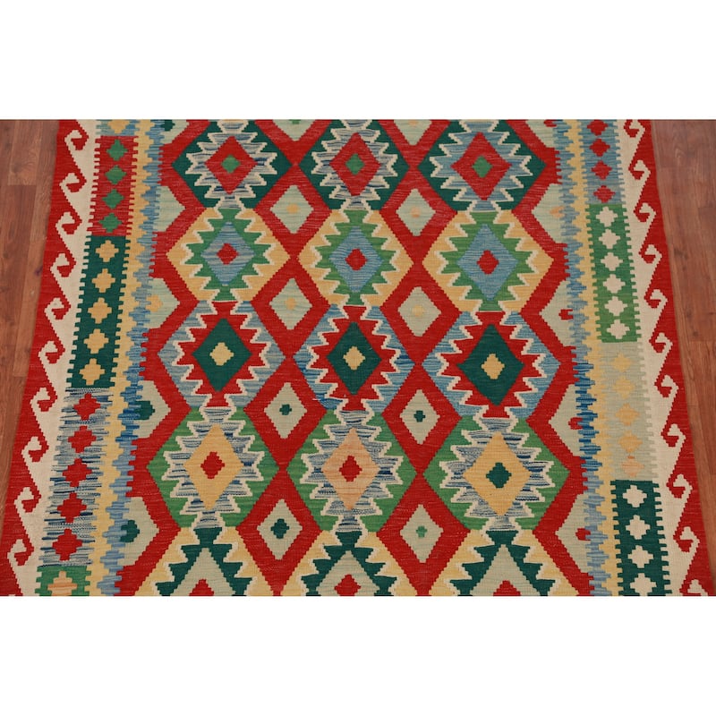 Hand Woven Oriental 100% Wool Carpet Southwestern Geometric Multi-Colored Kilim Area Rug - 8' 0'' X 5' 10''