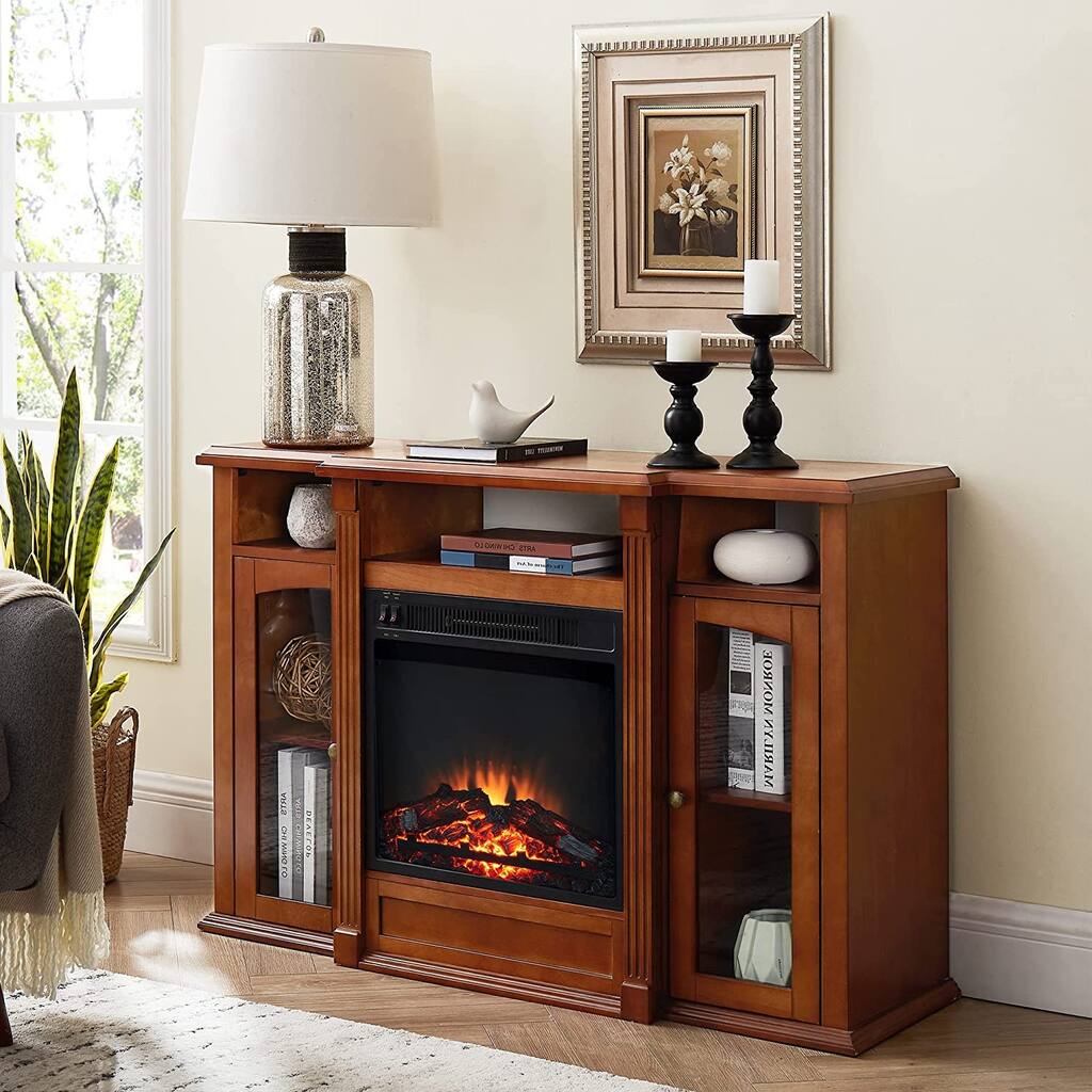 Modern Electric Fireplace TV Stand, Fit up to 55" Flat Screen TV with Two Tempered Glass Storage Cabinet & Adjustable Shelves