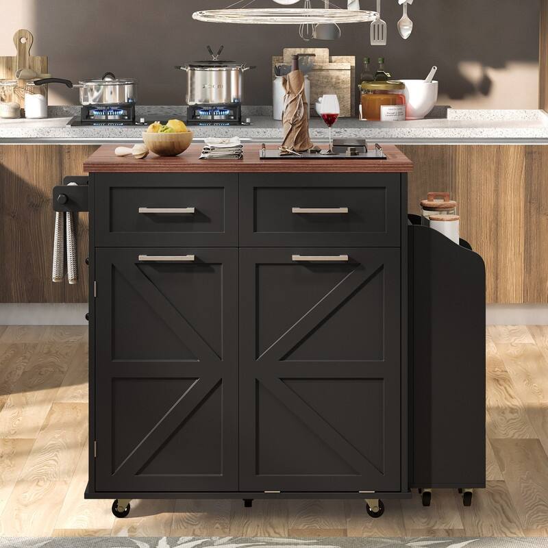 47.2" Rolling Kitchen Island on 5 Wheels with Drop Leaf, Kitchen Island with 2 Drawers, Trash Can Storage - Black