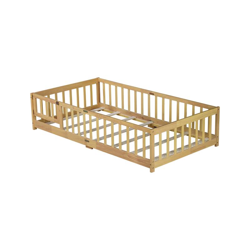 Twin Size Floor Bed with Safety Fence, Natural Rubber Wood, Easy Assembly, Compact Design