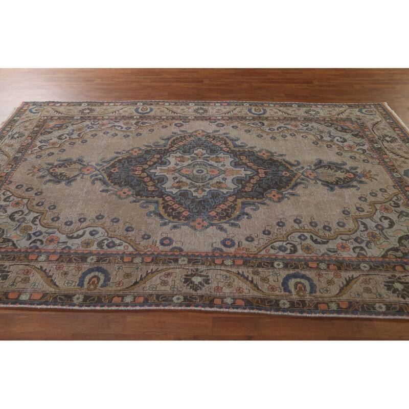 Over-Dyed Brown Tabriz Persian Vintage Rug Hand-Knotted Wool Carpet - 6'5"x 9'9"
