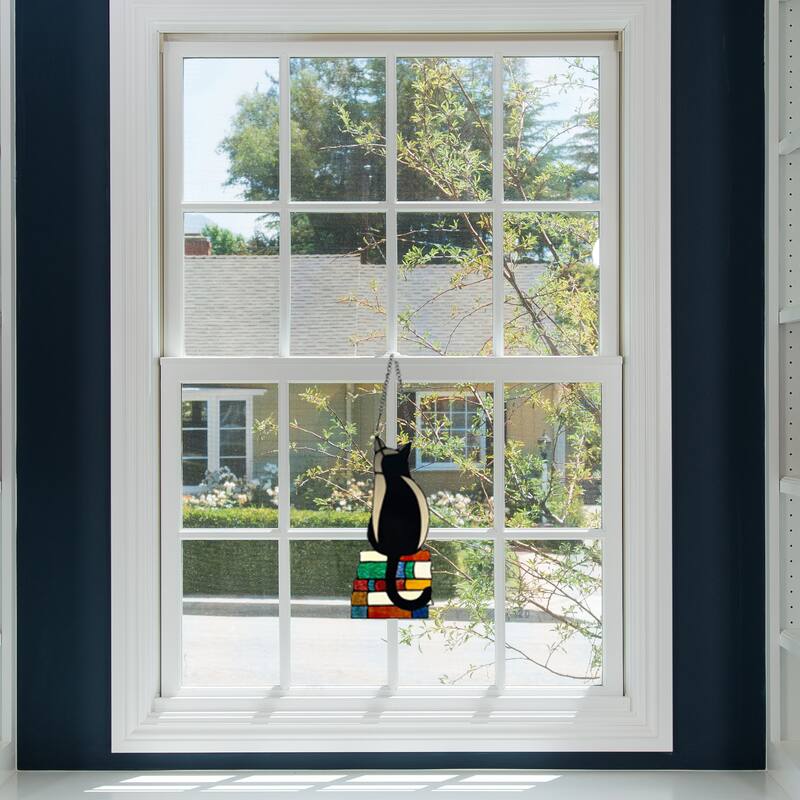 River of Goods Cat on Books River of Goods Stained Glass Vertical Window Panel - 6" x 0.25" x 12.5"