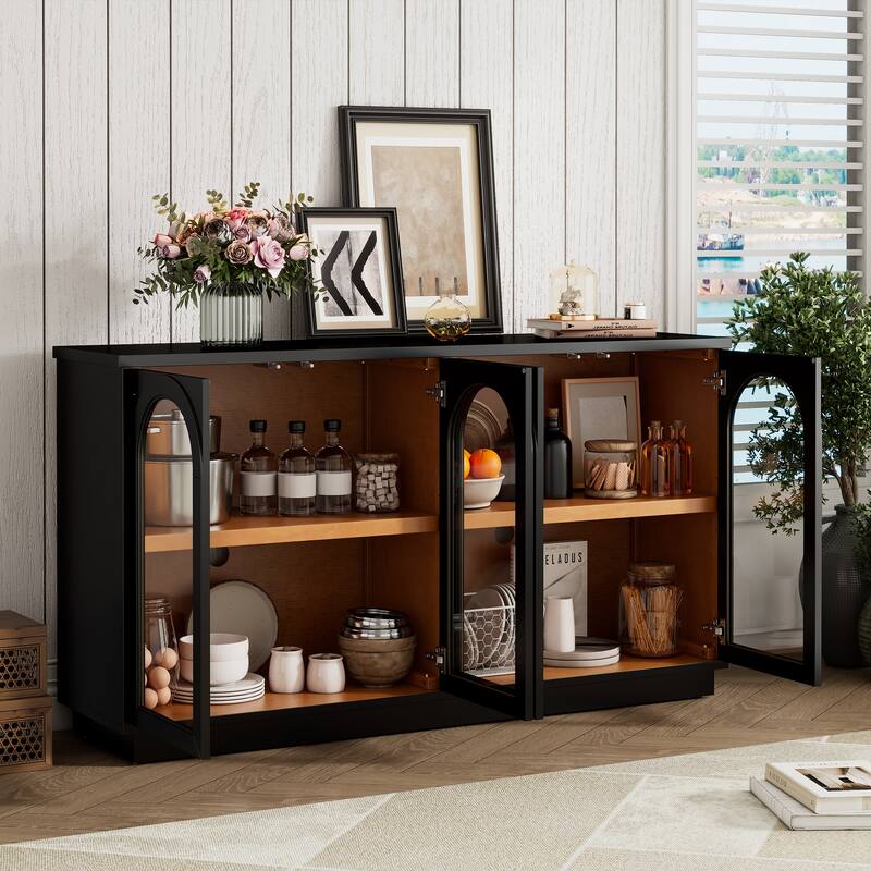 4-Door Large Storage Buffet Cabinet with Arched Glass Doors & Adjustable Shelves