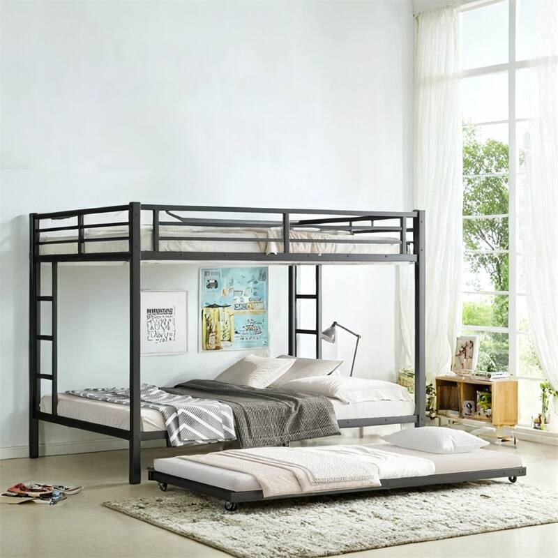 Queen Over Queen Metal Bunk Bed with Twin Size Trundle