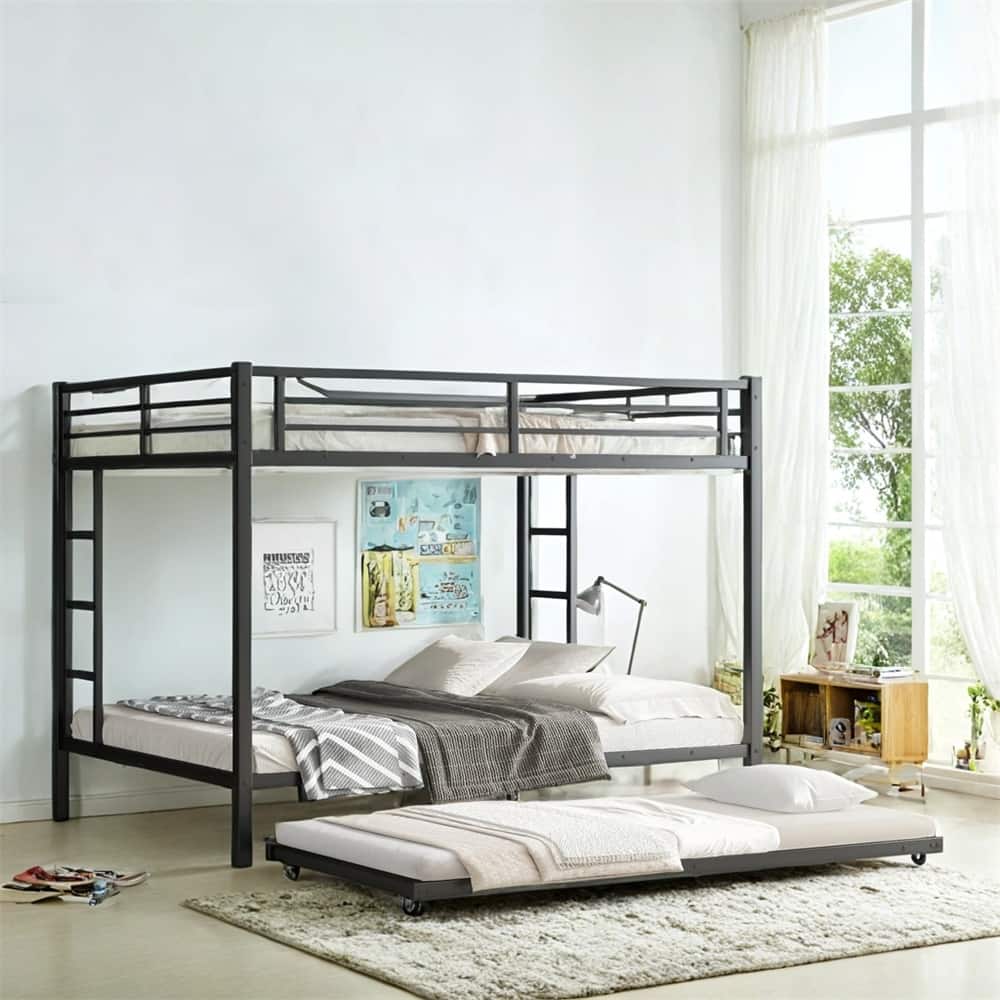 Queen Over Queen Metal Bunk Bed with Twin Size Trundle
