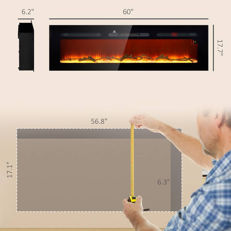 HOMCOM 36" Electric Fireplace Recessed and Wall Mounted with Remote Control, 1500W Fireplace Heater with 8H Timer