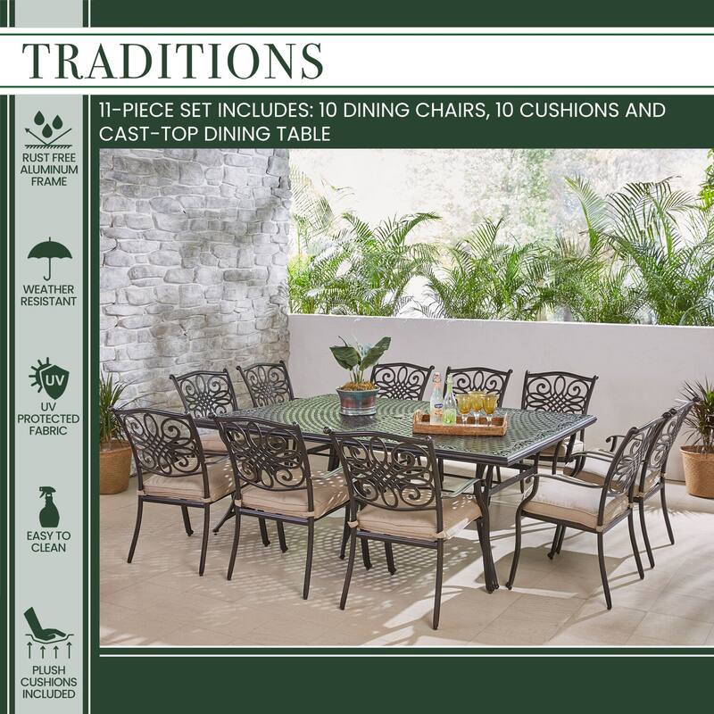 Hanover Traditions 11-Piece Dining Set in Tan with Ten Stationary Dining Chairs and an Extra-Long Dining Table