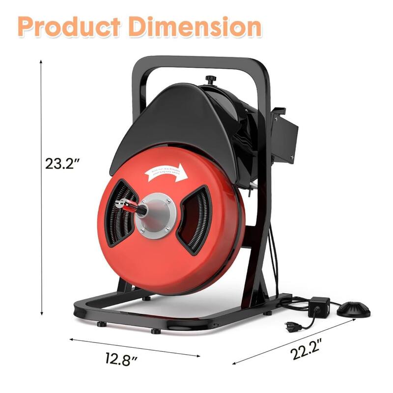 50 FT x 1/2" Electric Drain Auger Machine with Wheels for 2" to 4" Pipes
