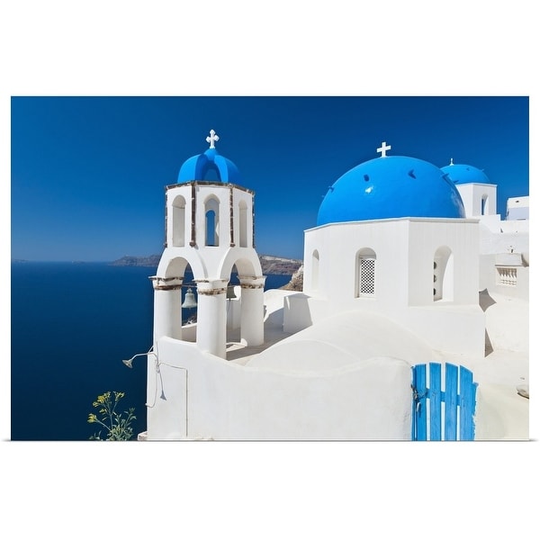 "Greece, Cyclades Islands, Santorini, Oia, Church with bell tower at coast" Poster Print