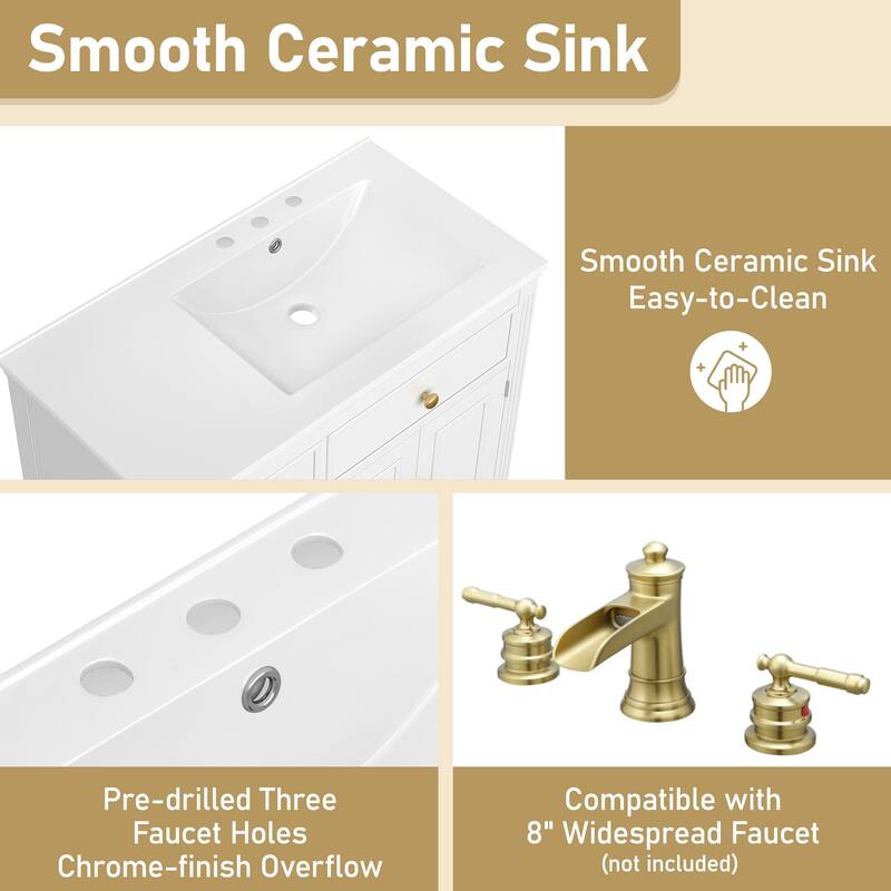 Roomfitters Bathroom Vanity with Sink, Ceramic Basin with One Tip-out Drawer, Three Side Drawers and Adjustable Shelf