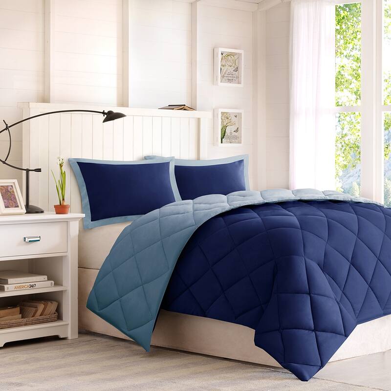 Full Queen 3M Scotchgard Diamond Quilting Reversible Down Alternative Comforter Set - Navy+Light Blue