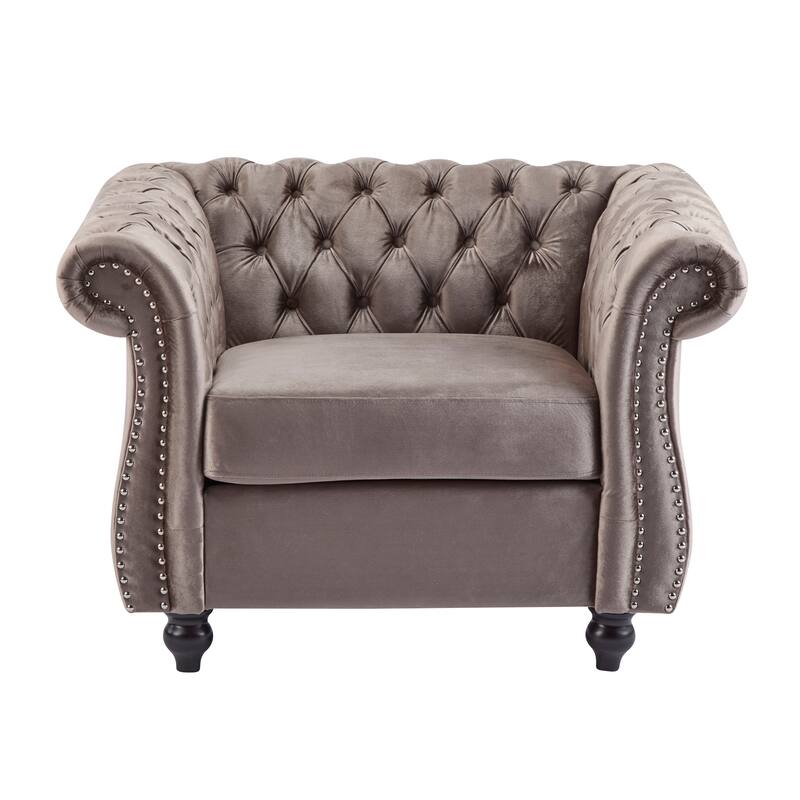 Roomfitters Tufted Club Chair with Deep Button Upholstery, Rolled Arm Design and Metal Stud Trim, Light Brown