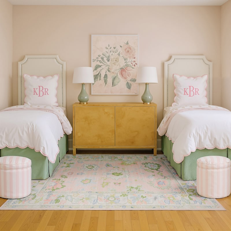 Addison Traditional Bordered Floral Pink/ Green Printed Washable Flat Pile Area Rug