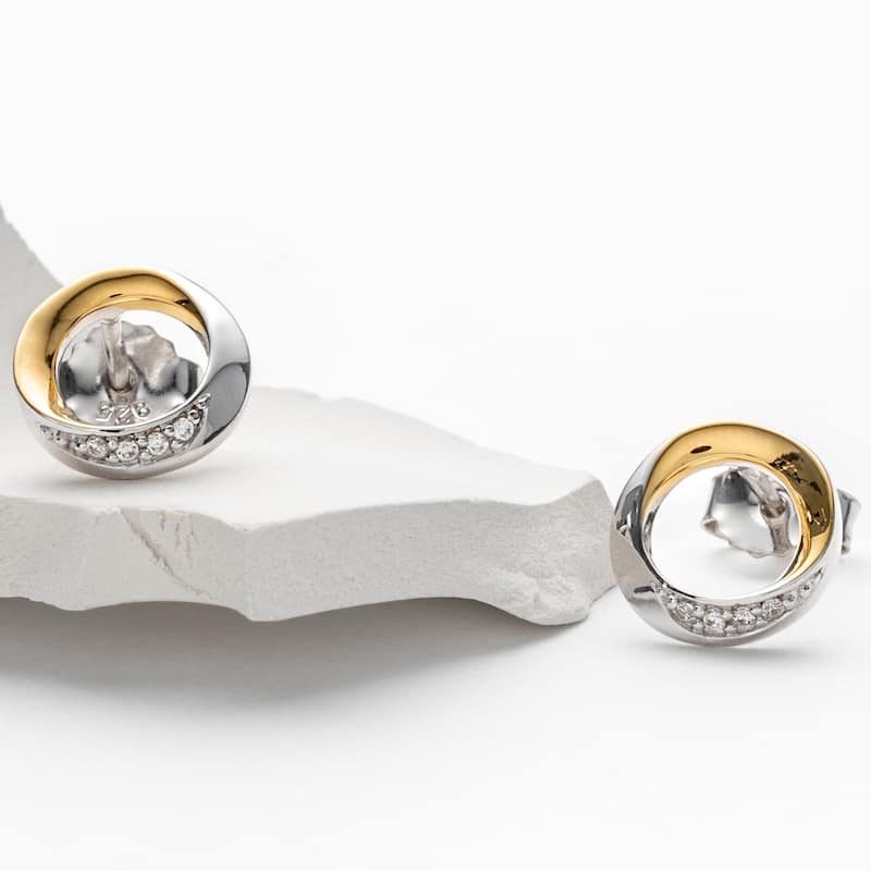 Two-Tone Sterling Silver Cubic Zirconia Swirled Circle Earrings