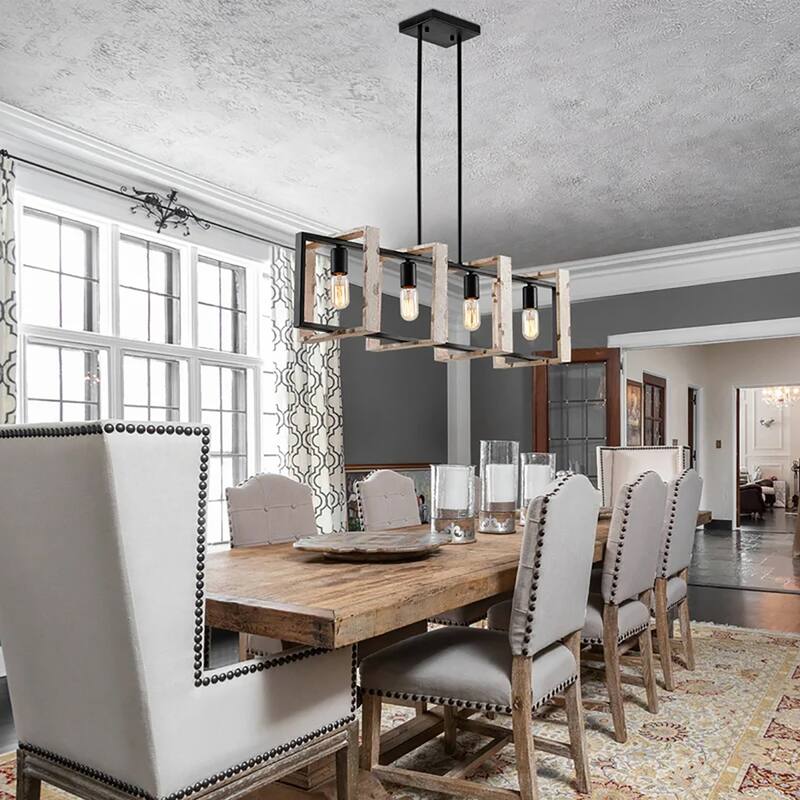 4-Light Black/Brown Kitchen Island Pendant, Modern Rustic Style