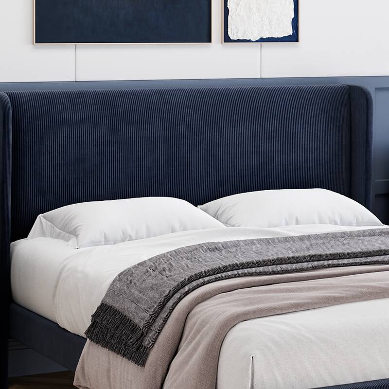 Velvet Bed Frame Full Size with Wingback Headboard and Storage Pockets